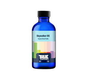 True Terpenes Skywalker OG was originally bred from an Afghani variety Mazar-I-Sharif and Blueberry. This product comes in a blue bottle. The label has various coloured rectangles on it.
