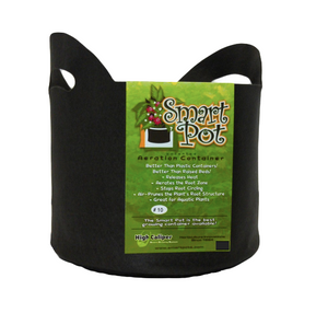 Smart Pot #10 is a soft-sided aeration container that air root prunes your plants. Air root pruning is a key component to a healthy fibrous root ball. Unlike plastic containers, roots do not circle. This product comes in a black cloth container, cylindrical in shape with handles and a green label. 