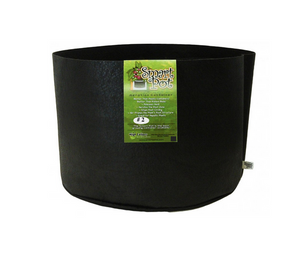 Smart Pot #2 is a soft-sided aeration container that air root prunes your plants. Air root pruning is a key component to a healthy fibrous root ball. Unlike plastic containers, roots do not circle. This product comes in a black cloth container, cylindrical in shape with a green label. 