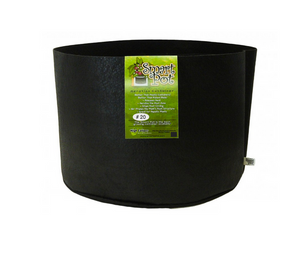 Smart Pot #20 is a soft-sided aeration container that air root prunes your plants. Air root pruning is a key component to a healthy fibrous root ball. Unlike plastic containers, roots do not circle. This product comes in a black cloth container, cylindrical in shape with a green label. 