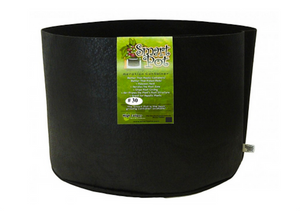 Smart Pot #30 is a soft-sided aeration container that air root prunes your plants. Air root pruning is a key component to a healthy fibrous root ball. Unlike plastic containers, roots do not circle. This product comes in a black cloth container, cylindrical in shape with a green label. 