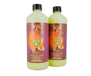 House & Garden Soil A&B provides balanced nutrition for enriched soils, and contains every essential nutrient, including a significant amount of calcium. These products come in yellow cylindrical bottles with red, purple and yellow labels with fire in the centre