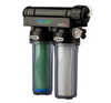 Stealth-RO150 Reverse Osmosis System produces up to 150 GPD (gallons per day) of ultra-pure, low PPM water. This is an image of the filter on top is the RO membrane, the left is the green carbon filter and on the right is the sediment filter. The RO is black in colour. 