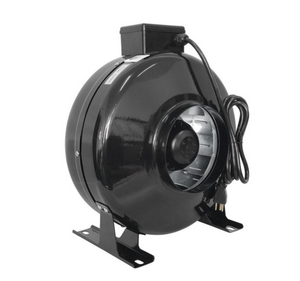 Stealth Ventilation In-line Fan 120V 6" 460CFM is popular for medium-sized grow tents with at least a 4x4ft base or greater. This product is black in colour with rectangular feet and a power cord hanging off to the right.