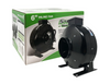 Stealth Ventilation In-line Fan 120V 6" 460CFM is popular for medium-sized grow tents with at least a 4x4ft base or greater. The fan is shown here outside of the box. The box is green and white, the fan is facing towards the left. 