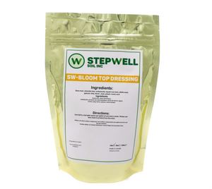 Stepwell Soil Bloom Top Dressing is a highly sustainable blend of organic certified amendments. The ingredients are similar to the veg top dressing but the ratios are made to cater to plants in flower stage that require higher amounts of phosphorus and potassium. This product comes in a gold pouch with a white label that says “ Stepwell SW-Bloom Top Dressing”.