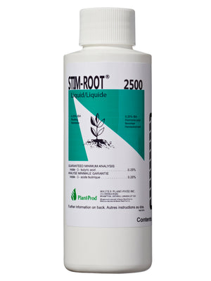 Liquid Stim-Root 2500 contains 2500ppm of Indule-3-butric acid.This product comes in a white cylindrical bottle with a green & white label with an illustration of a plant with roots.