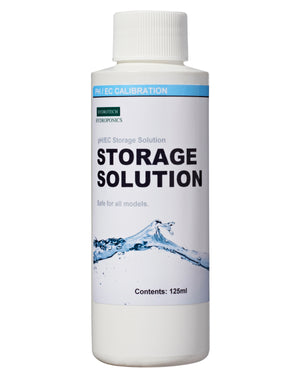 Storage Solution is a pH/EC probe storage solution. Safe for all models. Clean the probe then store it in this solution between each use. This product comes in a white cylindrical bottle, the label says “storage solution” in black text with an image of a water splash near the bottom. 