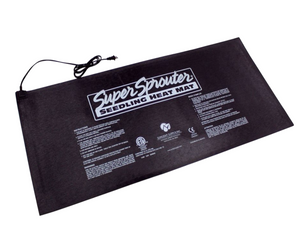 Super Sprouter Heat Mat 10" x 20" provides just the right amount of heat to give seeds and seedlings the best head start. This product is rectangular in shape with white text that says “Super Sprouter Seedling Heat Mat” with an electrical cord coming out of the top left.