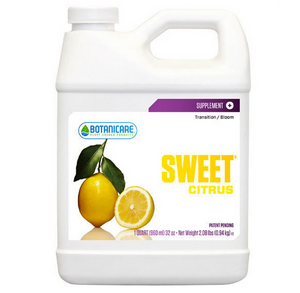 Botanicare Sweet Citrus is specially formulated to produce beneficial results during all phases of plant growth. This product comes in a white jug-like container with a white label and a photo of a whole and sliced lemon. 