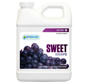 Botanicare Sweet Grape is an all-natural mineral supplement that contains a unique combination of vital compounds and essential elements directly involved in plant photosynthesis and respiration. This product comes in a white jug-like container with a white label and a photo of grapes with water droplets. 