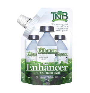 TNB CO2 Enhancer Refill gives growers the ability to reuse their existing Enhancer bottle while saving money and reducing their environmental footprint at the same time. This product comes in a small pouch with a white spout and lid. On the package are multiple images of the TNB CO2 Enhancer coming out of green produce leaves. 