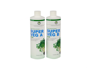 Hydrotech Super Veg A&B is a Premium nutrient solution. Vegetative and growth blend for use in hydrogardens, soil and coco media. These products come in white cylindrical bottles with blue lettering and sprouts on the bottom left. 