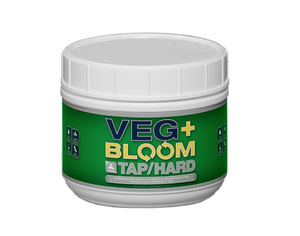 Veg+Bloom Tap/Hard nutrient powder is formulated for growers using tap or well water high in alkalinity. This product comes in a white pot with a white lid and a green label.