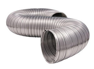 8” x 25' Aluminum Foil Vent Hose. Hose is shown slightly overhead in an ‘S’ shape. Showing the top and a bit of the interior. This hose has flexible ducting that facilitates routing exhaust lines. Minimizes echoes associated with rigid ducting. Comes in 25' lengths.