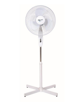 Wind Devil 16" Oscillating Fan has a Chrome Plated Safety Grill, Metal Stand and Blades and 3 Speed Rotary Control. Shown here facing forward, white in colour with white and metal stand.