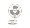 Wind Devil 6" Clip On Fan is a 2 Speed Fan with an adjustable vertical tilt and 360 degree head pivot and 3 paddle fan blade. This small fan is facing forward, white in colour with a clip. 