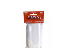 Zip Zag Storage Bags are the world's only truly smell-proof, and resealable bag with an oxygen transfer rate comparable with heat sealing. This product is 17.1 cm x 16cm in size when opened. Shown here in a clear package with a red label attached at the top.