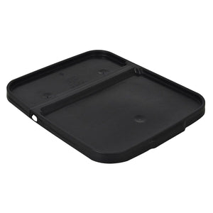 Bucket Black Square 13 Gallon Lid. This lid is designed to fit a 13 gallon Bucket Black Square Bucket,  not only tight-fitting and secure, they have a flip-up section that allows you to access the contents without pulling the entire lid off every time.Made with virgin, high-density polyethylene material. Black lid is shown slightly overhead on a white background. 