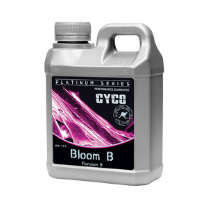 Cyco Platinum Series Bloom B (1-5-6) is the first of two parts that make up the base nutrient system for the flowering stages of a plant's growth. This product comes in a 1L silver jug-like container with a black label and an electric pink image with text surrounding it.