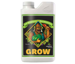 Advanced Nutrients pH Perfect Grow (1-0-4) Grow is part of a 3-part premium base nutrient trio precisely formulated to give your high-value crops. This product comes in a white rectangular bottle with a black label surrounded by a thin white and green border. In the centre of the label there's a farmer gorilla holding a spade and a large green tomato. 