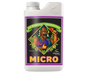 Advanced Nutrients pH Perfect Micro (1-0-4,) Micro is part of a 3-part premium base nutrient trio precisely formulated to give your high-value crops This product comes in a white rectangular bottle with a black label surrounded by at thin white and purple border in centre of the label there's a farmer gorilla holding a spade and a large purple tomato. 