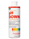 pH Down (250 ml)is 85% phosphoric acid. Lowers the pH of water. Safe for use with all plants in hydro, coco, and soil media. This product comes in a white cylindrical bottle with a white label, red top border and pH colour range chart on bottom left. 