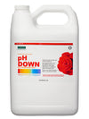 pH Down (4 L) is 85% phosphoric acid. Lowers the pH of water. Safe for use with all plants in hydro, coco, and soil media. This product comes in a white jug with a white label, red top border, pH colour range chart and image of a rose. 