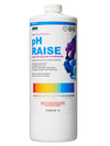 pH Raise (1 L ), Raises the pH of water. Safe for use with all plants in hydro, coco, and soil media. This product comes in a white cylindrical bottle with a blue top border, pH colour chart, and purple and blue flowers off to the left. 