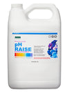 pH Raise (4L), Raises the pH of water. Safe for use with all plants in hydro, coco, and soil media. This product comes in a white jug with a blue top border, pH colour chart, and purple and blue flowers off to the left. 